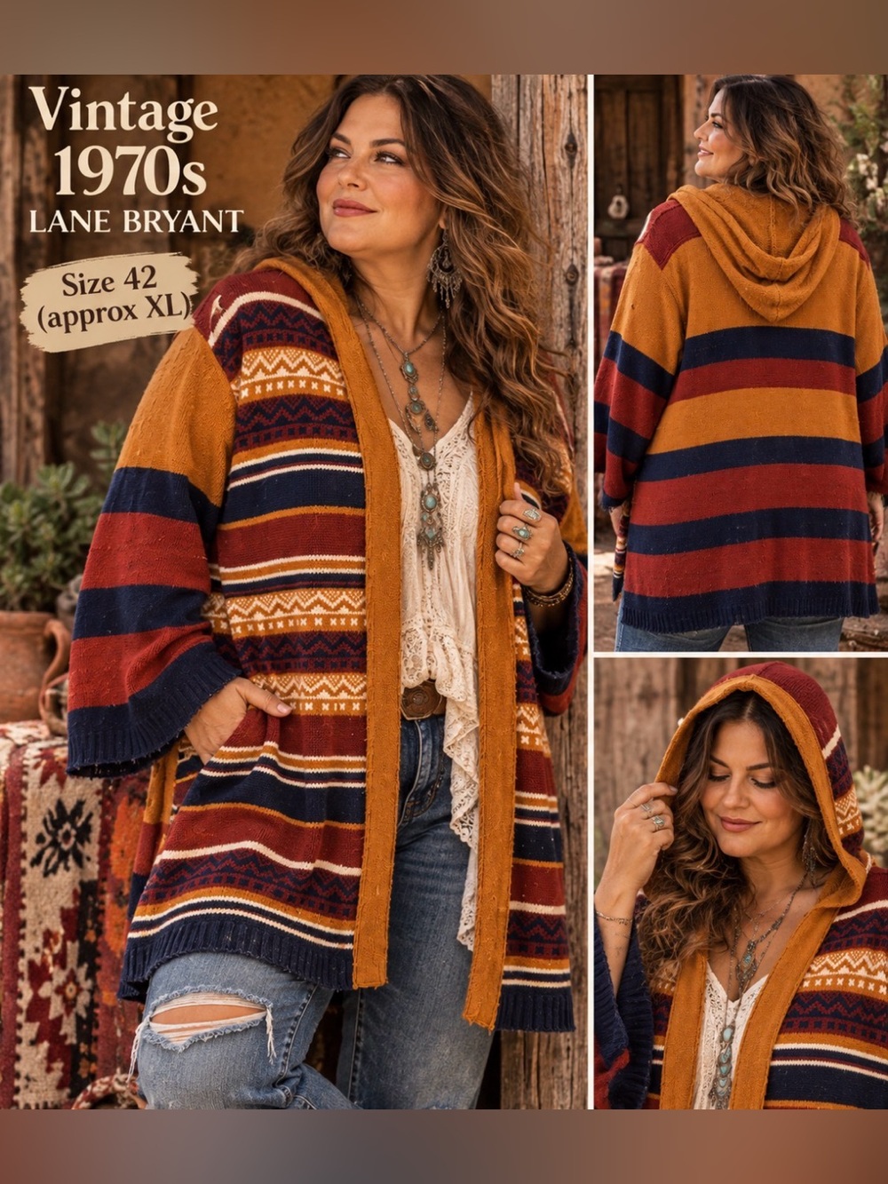 Vintage 2970s / Lane Bryant bohemian hooded cardigan sweater - plus size